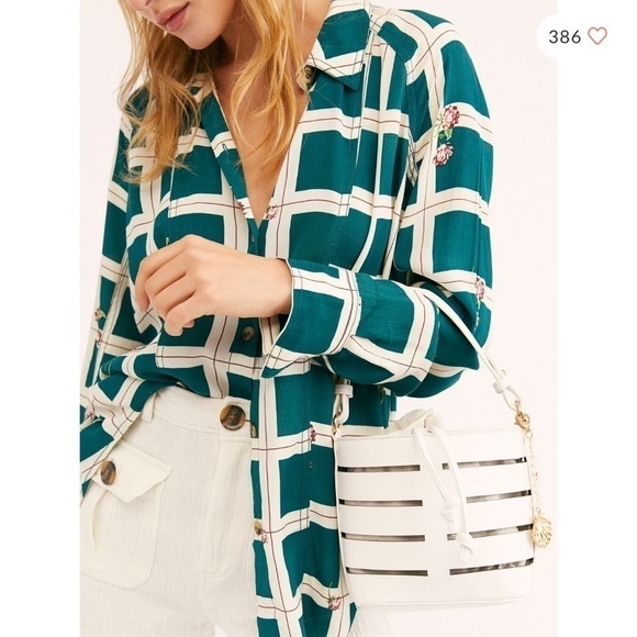 Free People Window To My Heart White/Green Button Down Shirt Size Small - Picture 11 of 16